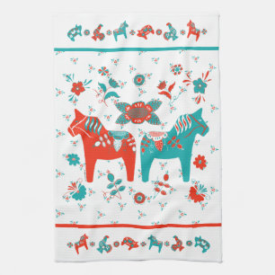 Swedish Folk Dala Horse l Teal and Red Tea Towel
