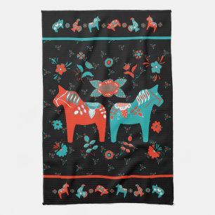 Swedish Folk Dala Horse l Teal and Red Tea Towel