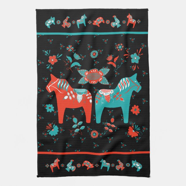 Swedish Folk Dala Horse l Teal and Red Tea Towel (Vertical)