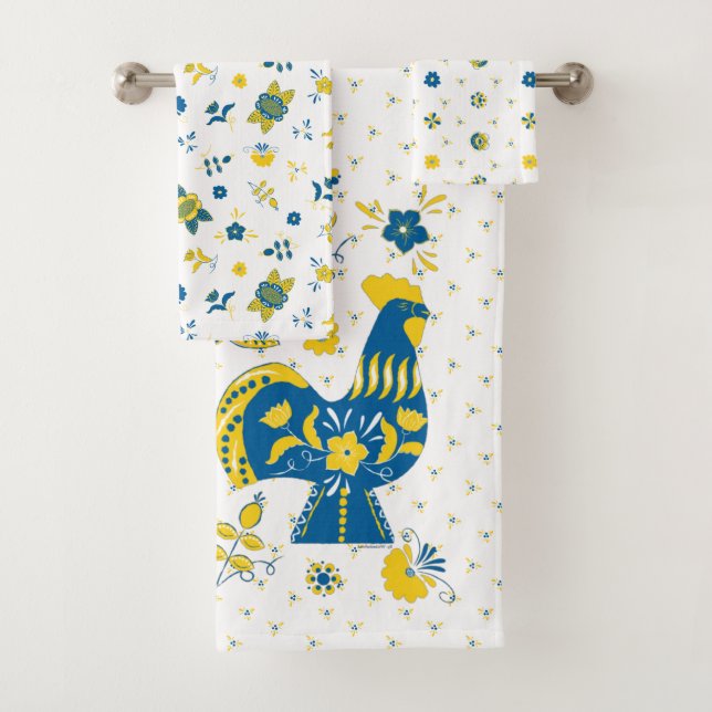 Swedish Folk Dala Rooster Bath Towel Set (Insitu)