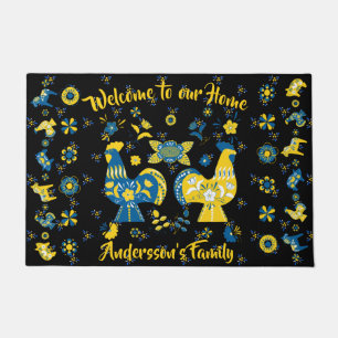 Swedish Folk Dala Rooster l Blue and Yellow Doormat