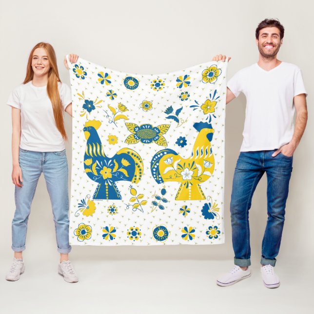 Swedish Folk Dala Rooster l Blue and Yellow Fleece Blanket (In Situ)