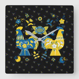 Swedish Folk Dala Rooster Square Wall Clock