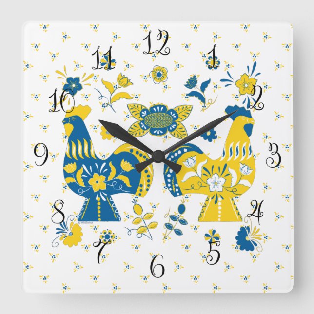Swedish Folk Dala Rooster Square Wall Clock (Front)