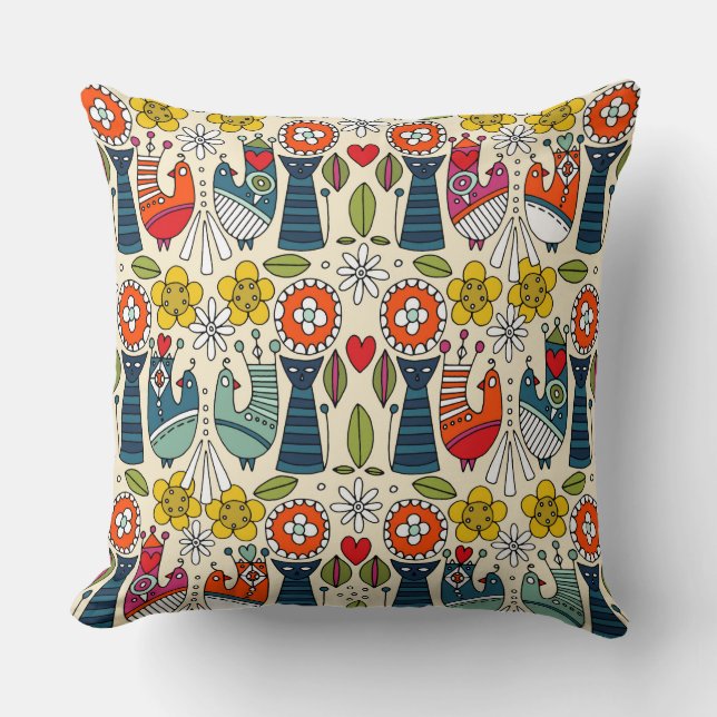 Swedish folksy cats and birds cushion (Front)