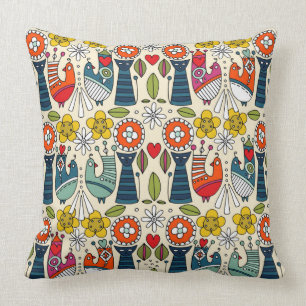 Swedish folksy cats and birds cushion