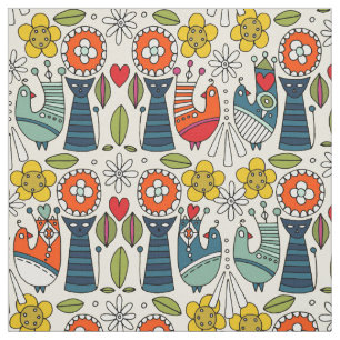 Swedish folksy cats and birds fabric