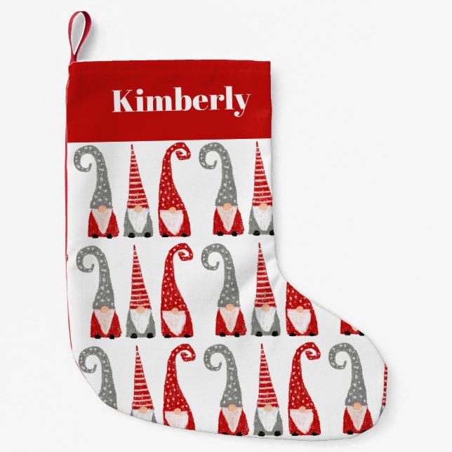 Swedish Gnomes Red White Pattern Personalised Small Christmas Stocking (Front)