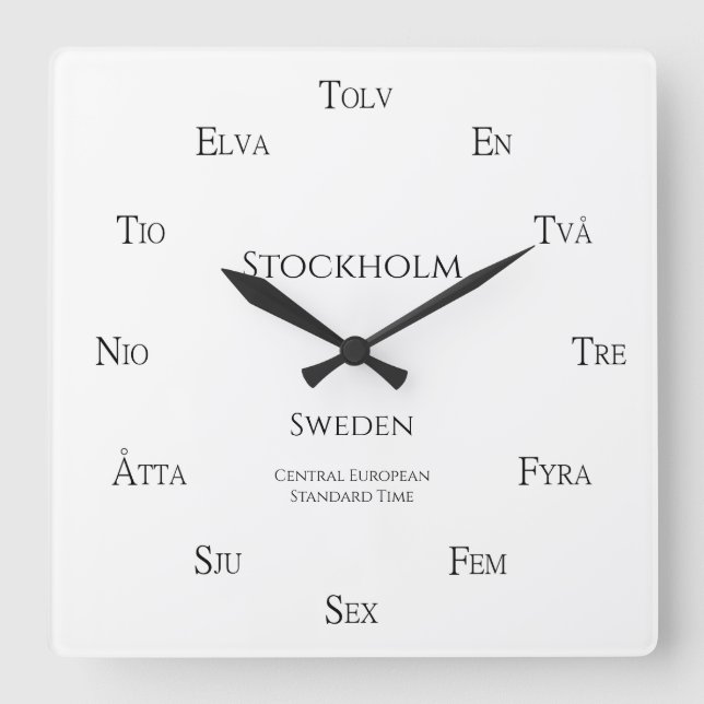 Swedish Numbers Custom City Country Time Zone Square Wall Clock (Front)