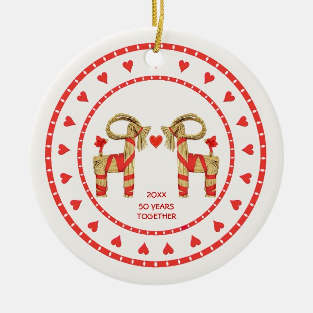 Swedish Straw Goats 50 Years Together Dated Ceramic Ornament (Front)