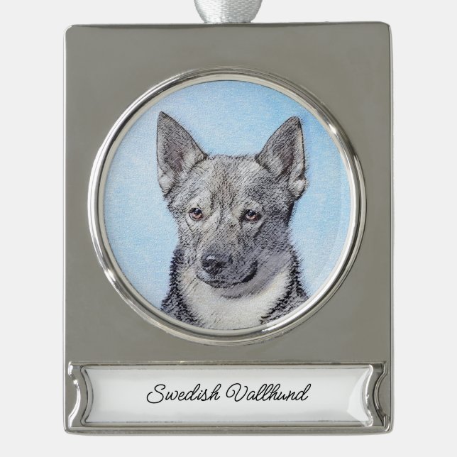 Swedish Vallhund Painting - Cute Original Dog Art  Silver Plated Banner Ornament (Front)