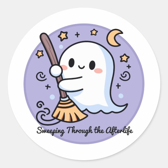 Sweeping Through the Afterlife Cute Ghost Classic Round Sticker (Front)