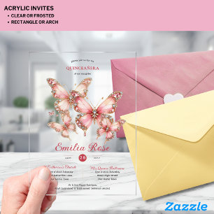 Sweet15 Butterflies QUINCEANERA Blush Pink Diamond Acrylic Invitations