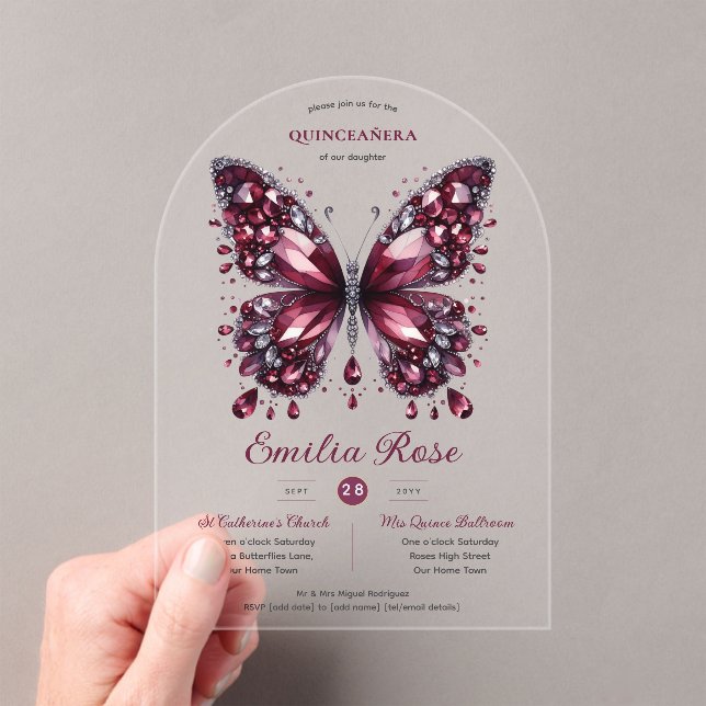 Sweet15 Butterflies QUINCEANERA Burgundy Diamond Acrylic Invitations (Insitu (Handheld))