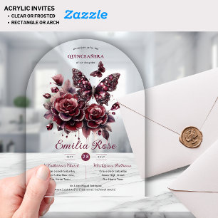 Sweet15 Butterflies QUINCEANERA Burgundy Diamond Acrylic Invitations