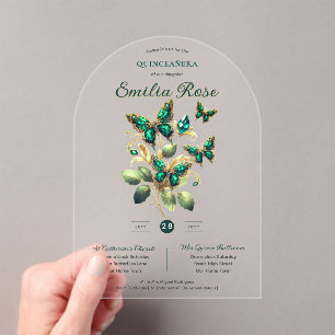 Sweet15 Butterflies QUINCEANERA Emerald Green Gold Acrylic Invitations