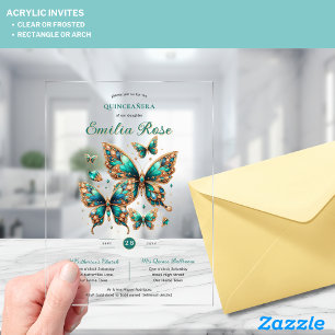 Sweet15 Butterflies QUINCEANERA Emerald Green Gold Acrylic Invitations