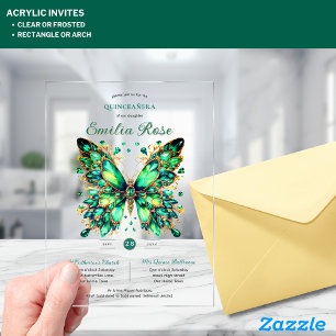 Sweet15 Butterflies QUINCEANERA Emerald Green Gold Acrylic Invitations