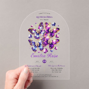 Sweet15 Butterflies QUINCEANERA Purple Blue Gold Acrylic Invitations