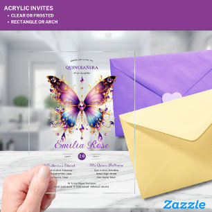 Sweet15 Butterflies QUINCEANERA Purple Blue Gold Acrylic Invitations