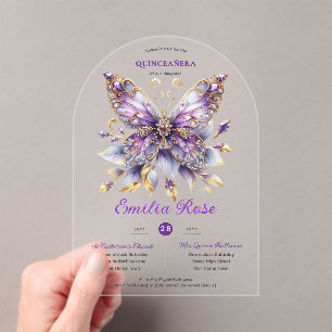 Sweet15 Butterflies QUINCEANERA Purple Blue Gold Acrylic Invitations