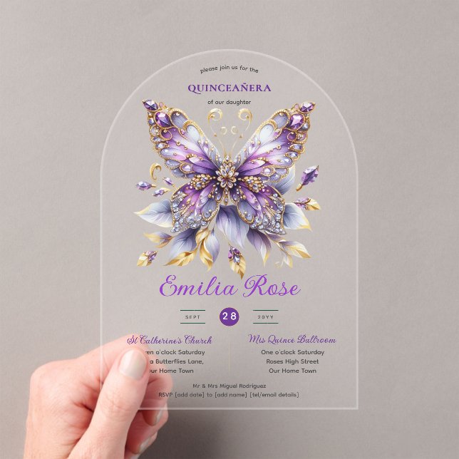 Sweet15 Butterflies QUINCEANERA Purple Blue Gold Acrylic Invitations (Insitu (Handheld))