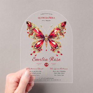 Sweet15 Butterflies QUINCEANERA Red Card Diamond Acrylic Invitations