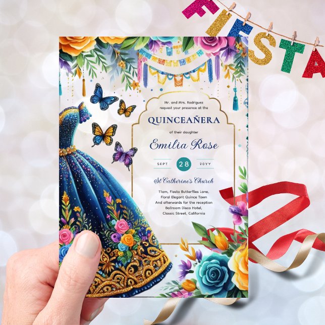 Sweet15 Mis Quince Fiesta Butterflies Blue Green Acrylic Invitations (Creator Uploaded)