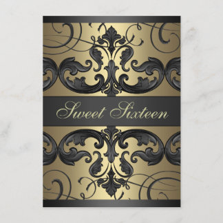 Sweet16 Gold/Black Damask & Tiara Birthday Invite