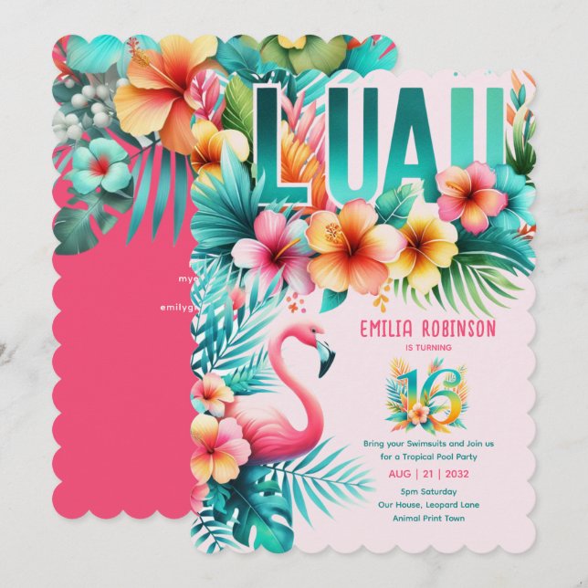 Sweet16 Tropical Luau Pool Party Girl's Birthday Invitation (Front/Back)