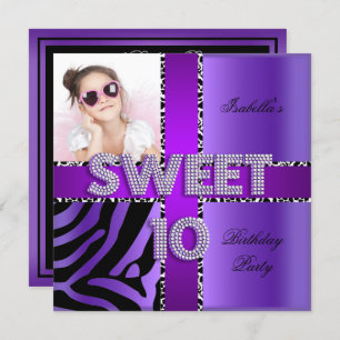 Sweet 10 10th Birthday Zebra Cow Purple Black Invitation