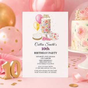 Sweet 10th Floral Cake Girls Ten Kids Birthday Invitation