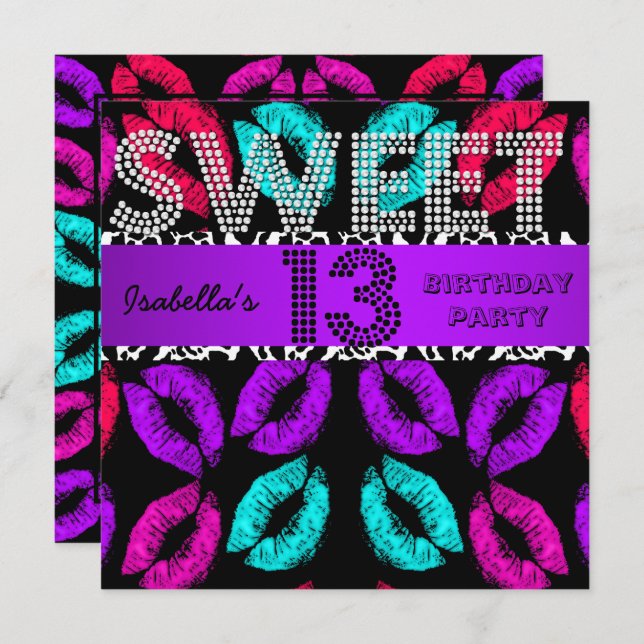 Sweet 13 13th Birthday Lips Cow Purple Black Invitation (Front/Back)