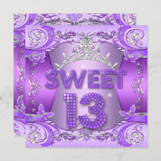 Sweet 13 13th Birthday Party Purple Silver Tiara Invitation