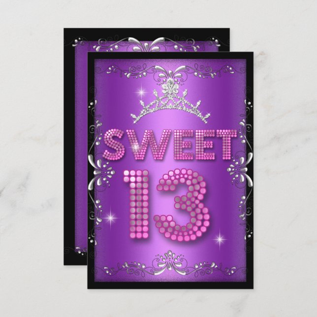 Sweet 13 13th Birthday Pink Purple Black Invitation (Front/Back)