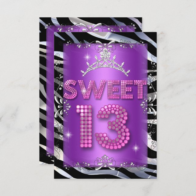 Sweet 13 13th Birthday Pink Purple Zebra Invitation (Front/Back)