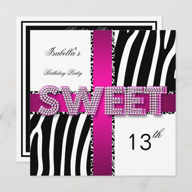 Sweet 13 13th Birthday Zebra Cow Pink Black White Invitation (Front/Back)