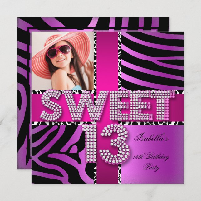 Sweet 13 13th Birthday Zebra Cow Pink Purple Invitation (Front/Back)