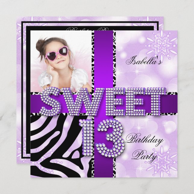 Sweet 13 13th Birthday Zebra Cow Purple Black Invitation (Front/Back)