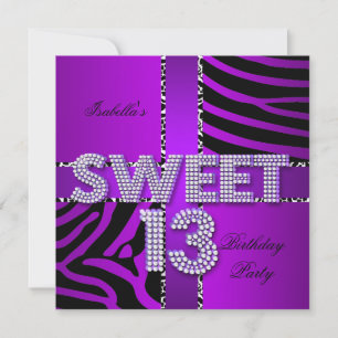 Sweet 13 13th Birthday Zebra Cow Purple Black Invitation