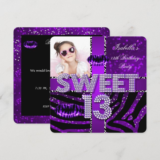 Sweet 13 13th Birthday Zebra Glitter Purple Lips Invitation (Front/Back)