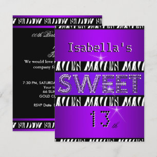 Sweet 13 13th Birthday Zebra Purple Black Invitation