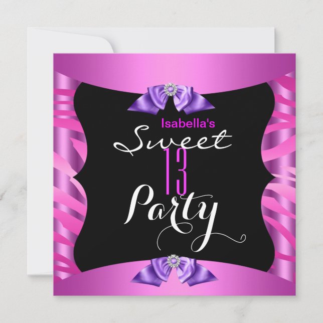 Sweet 13 Cute Purple Pink Zebra Black Birthday Invitation (Front)