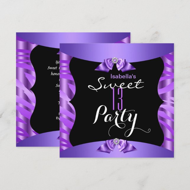 Sweet 13 Cute Purple Zebra Black Birthday Party 4 Invitation (Front/Back)
