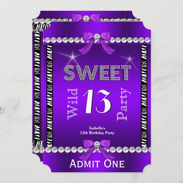 Sweet 13 Fun Party Zebra Purple Ticket 3 Invitation (Front/Back)
