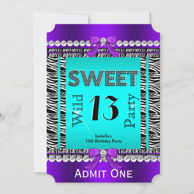 Sweet 13 Fun Party Zebra Teal Blue Purple Ticket 2 Invitation (Front)