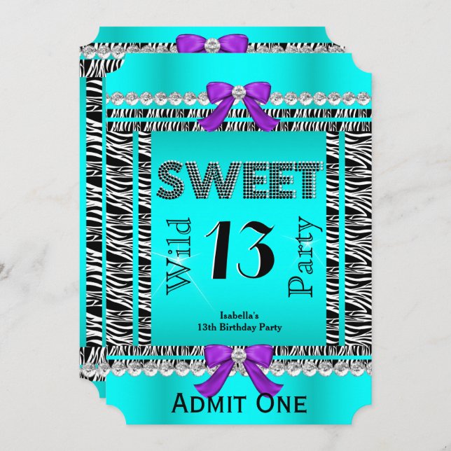 Sweet 13 Fun Party Zebra Teal Blue Purple Ticket Invitation (Front/Back)