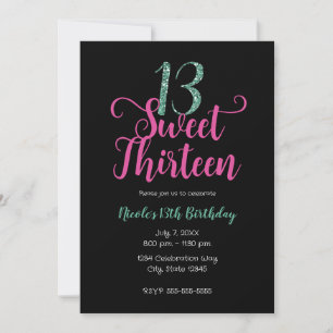 Sweet 13 Pink Black Aqua Thirteenth Birthday Party Invitation