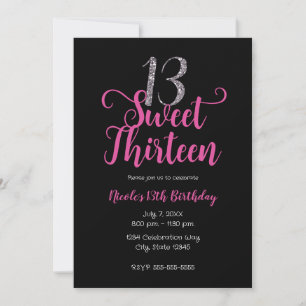 Sweet 13 Pink & Black Thirteenth Birthday Party Invitation