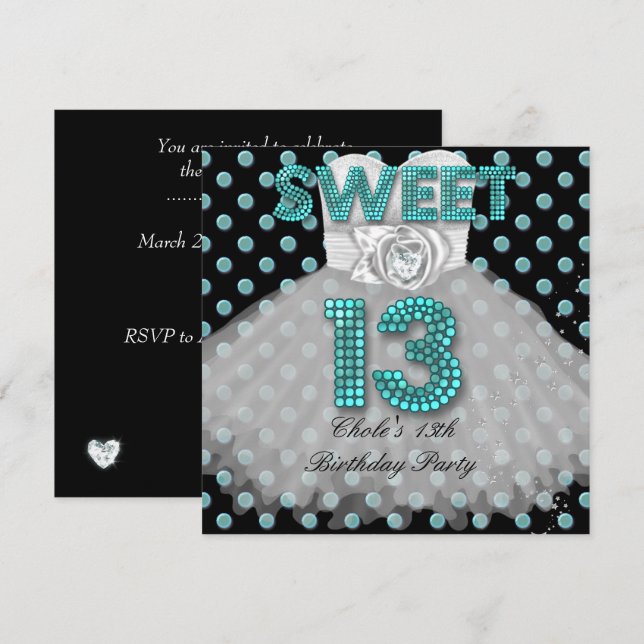 Sweet 13th Birthday Party Girls 13 Teen Teal Blue Invitation (Front/Back)